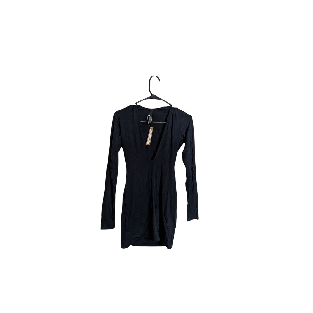 SKIMS Smooth Layers Plunge Mini Dress Obsidian XS Long Sleeve DS-DRS-10293W